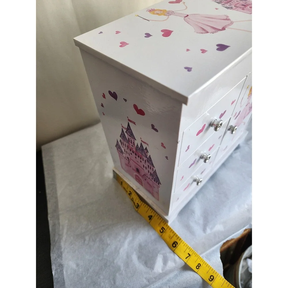 Princess Castle Musical Jewelry Box White Wood Ballerina Spinning Necklace Hook